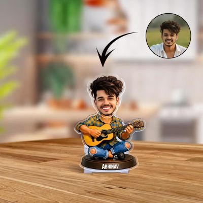 Personalized Bobblehead Caricature with Guitar, Custom Name Stand Home Tabletop Decor Battery Powered Moving Head Feature Gift for Guitar Lover